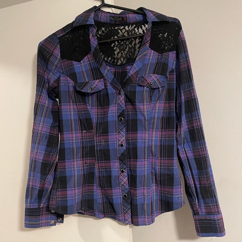 GUESS purple black Plaid Button-Up Shirt with Lace Accents